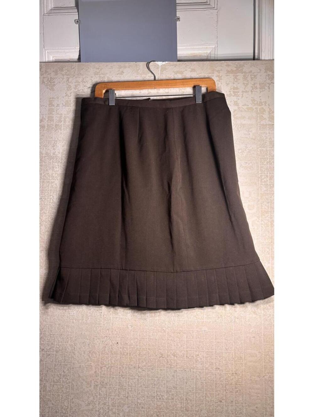 Brown Straight Skirt with Pleated Hem - Size 14